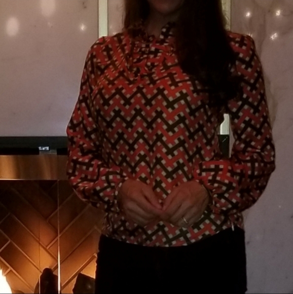 ELIZABETH MCKAY Silk Ruffled Orange Brown Long Sleeve Blouse Size 2 EUC - Picture 8 of 8